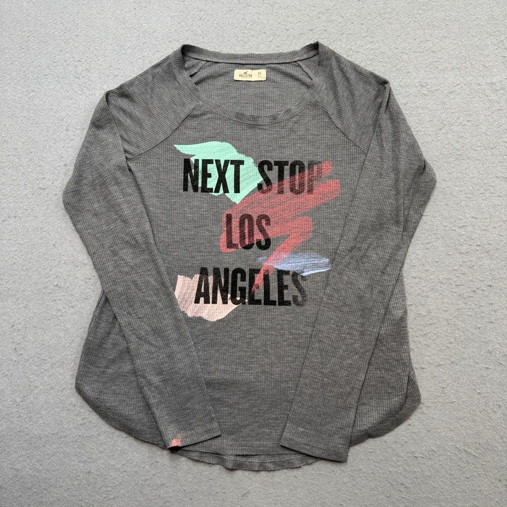 Hollister T-Shirt Women's XS Gray Next Stop Los Angeles Long Sleeve Thermal Knit